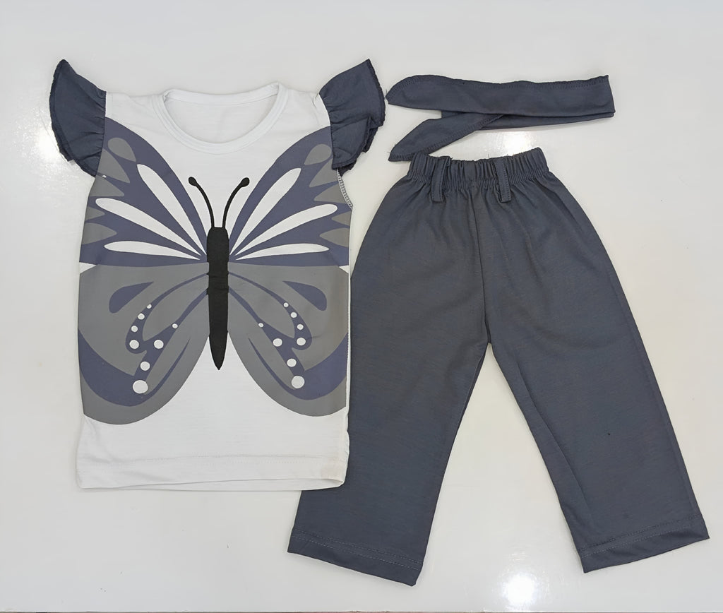Flutter-Sleeve Butterfly Frock (GREY) Style Pants Set for Girls