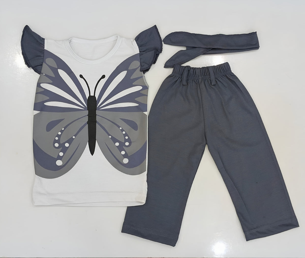 Flutter-Sleeve Butterfly Frock (GREY) Style Pants Set for Girls
