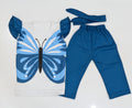 Flutter-Sleeve Butterfly Frock (BLUE) Style Pants Set for Girls