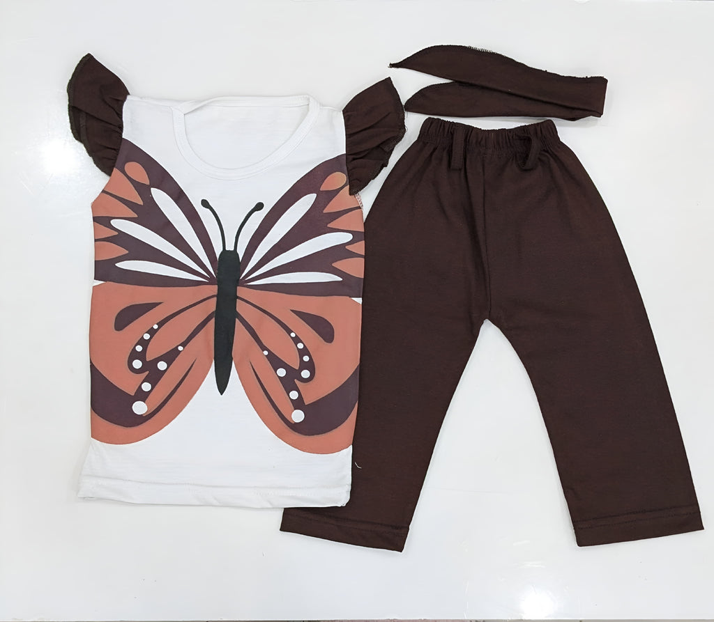 Flutter-Sleeve Butterfly Frock (Brown) Style Pants Set for Girls