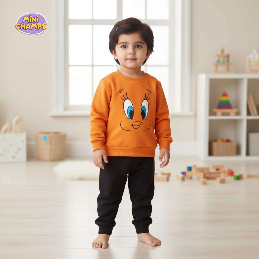 Tweety Face Printed Sweatshirt Set - Orange
