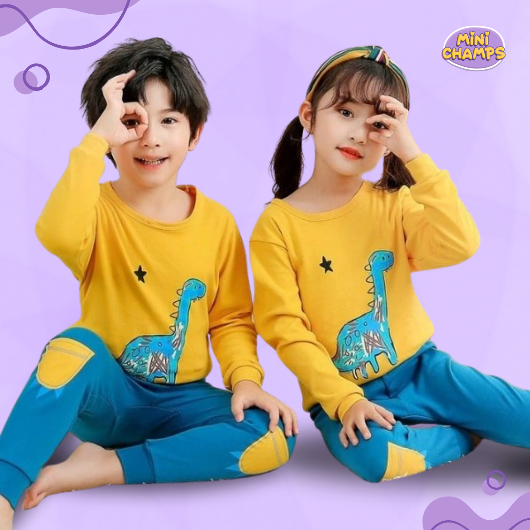 Yellow Blue Dino Printed Kids Wear