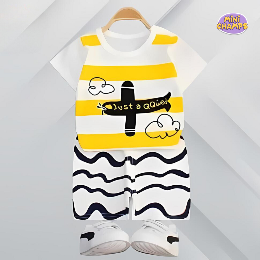 White & Yellow Aeroplane Shorts Set