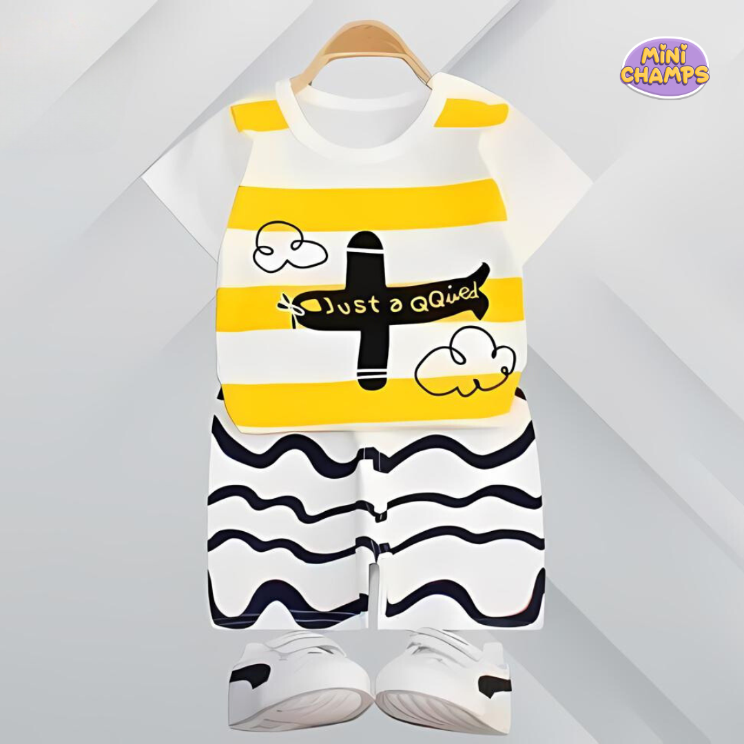 White & Yellow Aeroplane Shorts Set