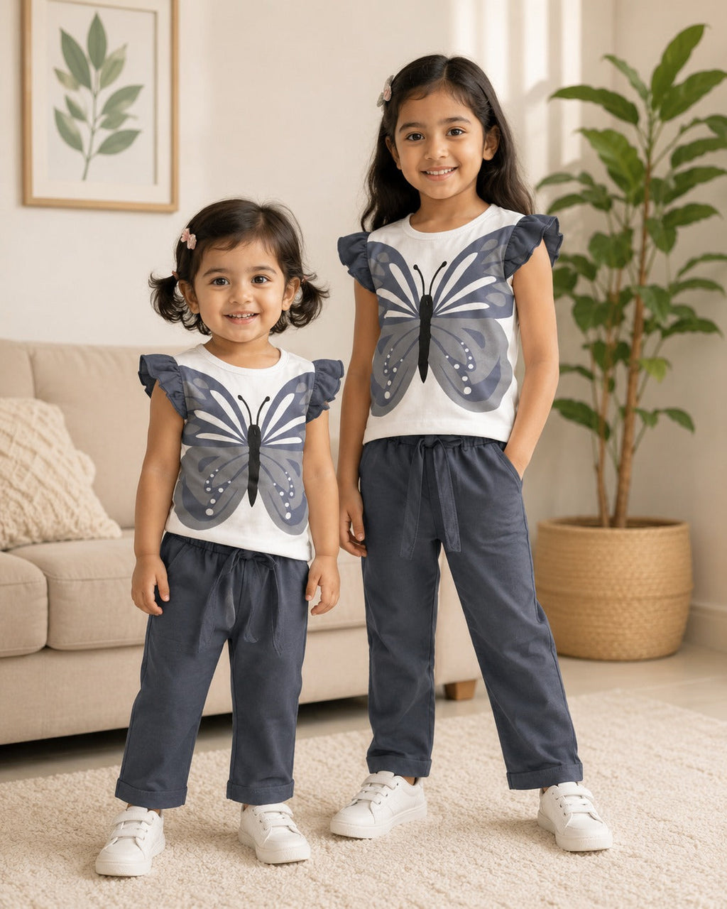 Flutter-Sleeve Butterfly Frock (GREY) Style Pants Set for Girls