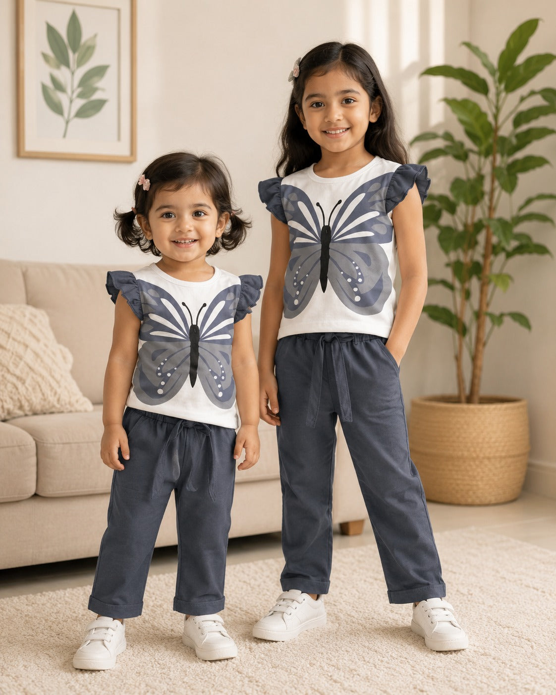 Flutter-Sleeve Butterfly Frock (GREY) Style Pants Set for Girls
