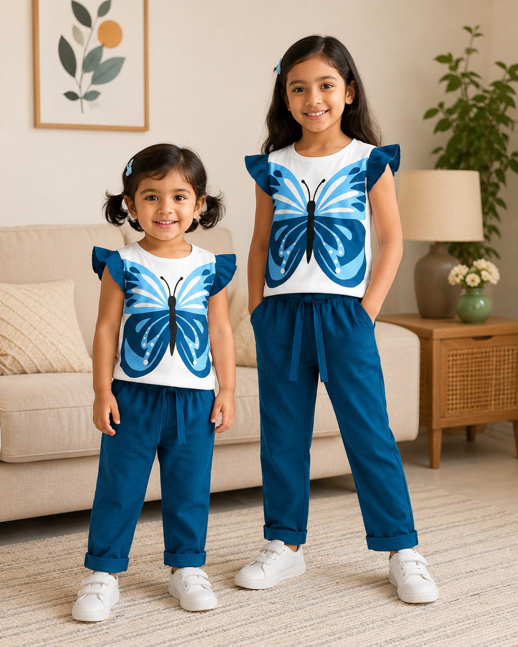 Flutter-Sleeve Butterfly Frock (BLUE) Style Pants Set for Girls