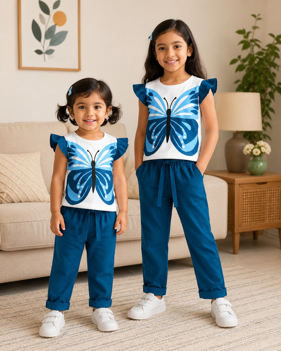 Flutter-Sleeve Butterfly Frock (BLUE) Style Pants Set for Girls