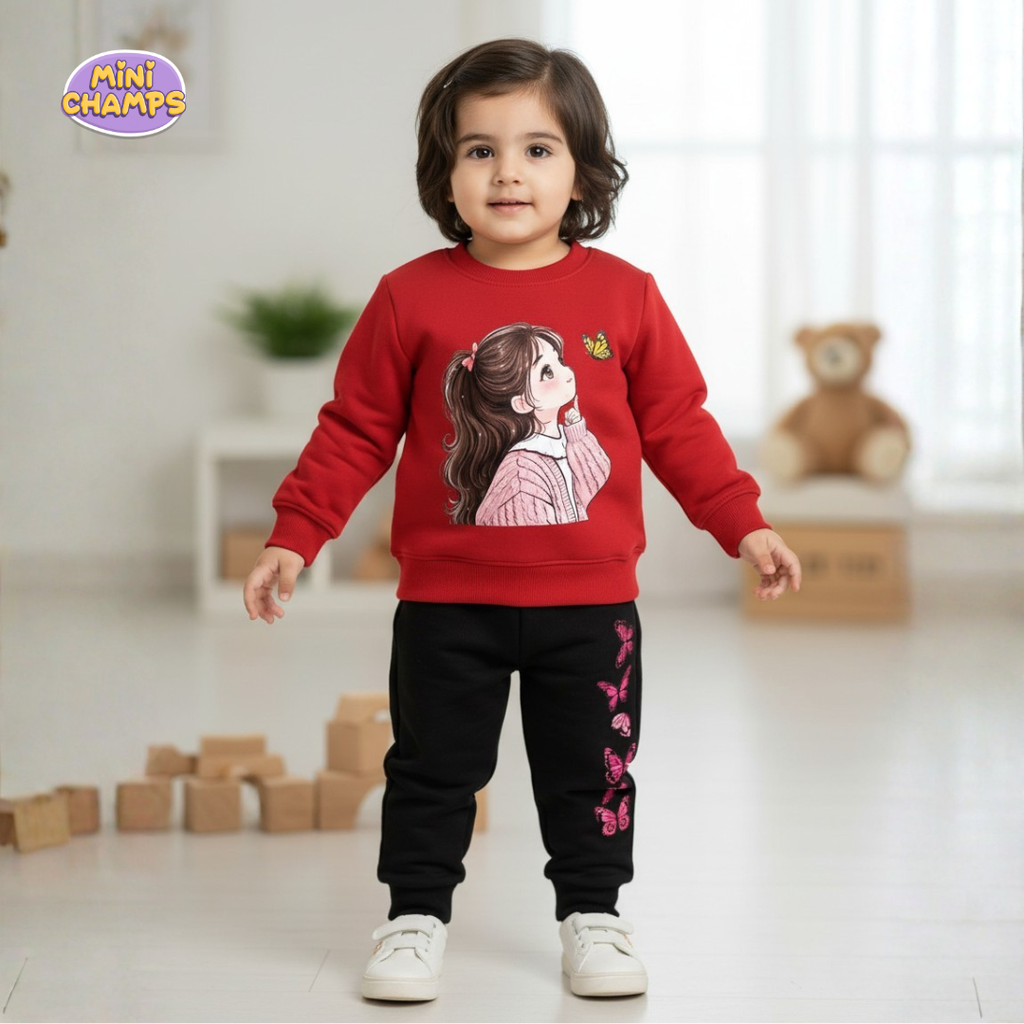 Girl Printed Sweatshirt and Trouser - Red
