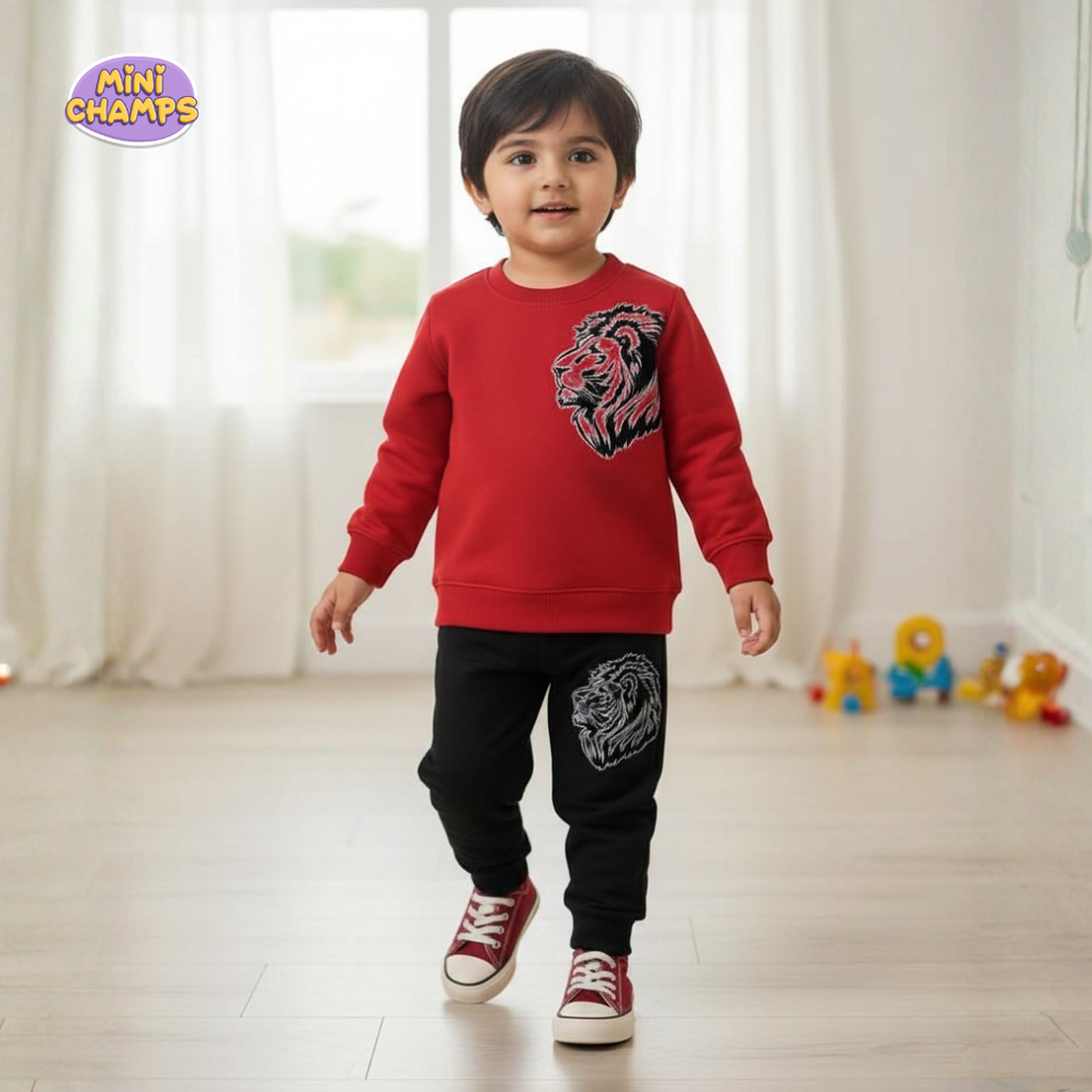 Lion Printed Sweatshirt and Trouser - Red