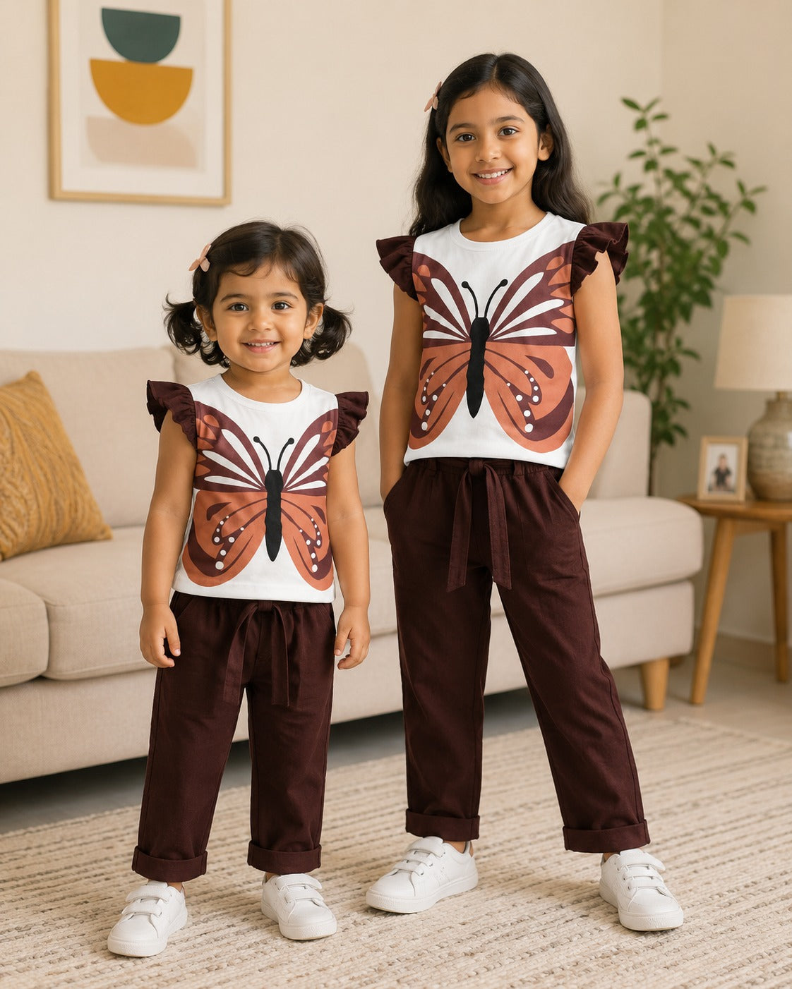 Flutter-Sleeve Butterfly Frock (Brown) Style Pants Set for Girls