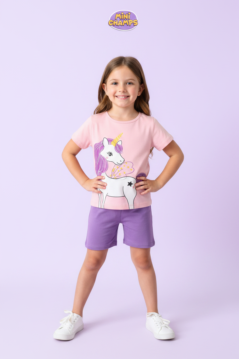 Pink Purple Unicorn Print Short-sleeve Tee & Shorts Set