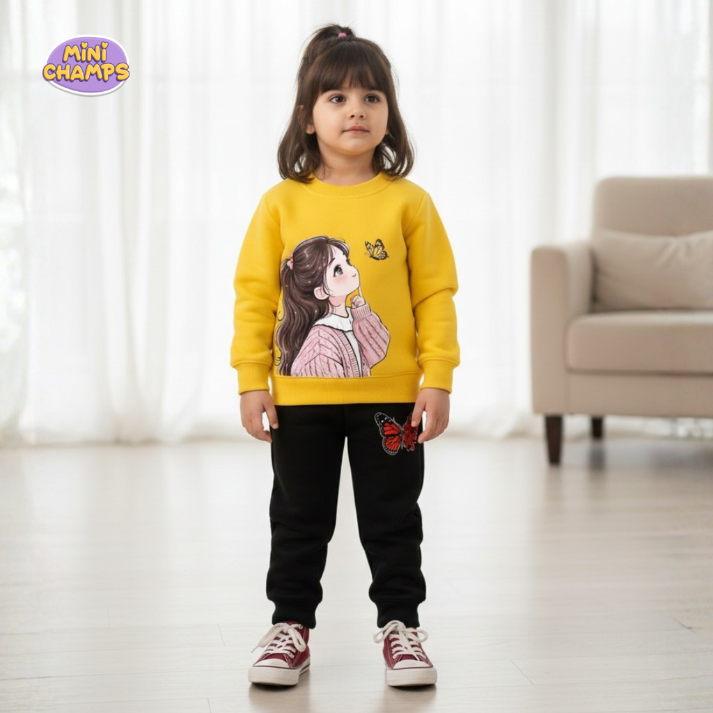 Girls printed Sweatshirt and Trouser - Yellow