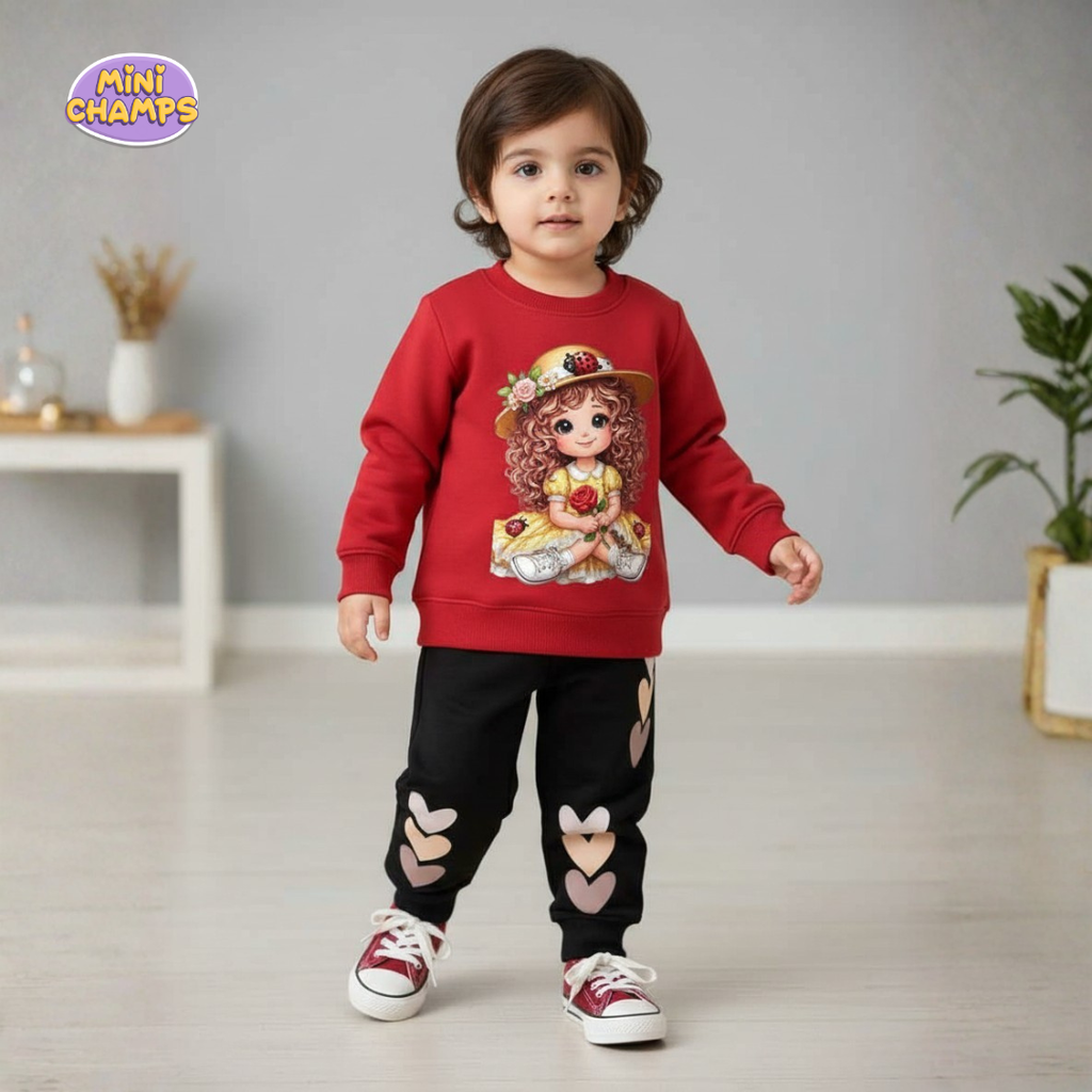 little girl Printed Sweatshirt and Trouser - Red