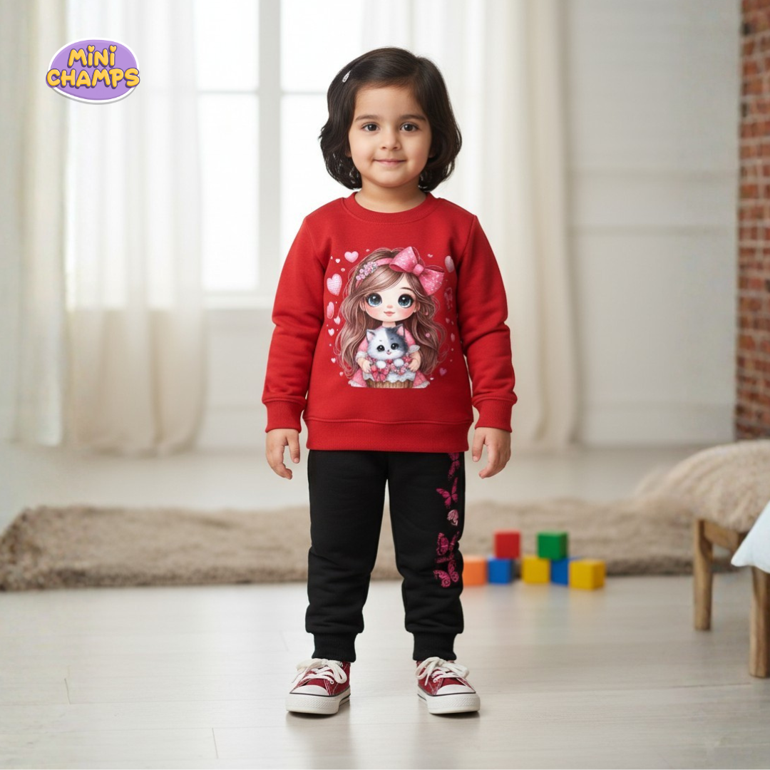 Bow Girl Printed Sweatshirt and Trouser - Red