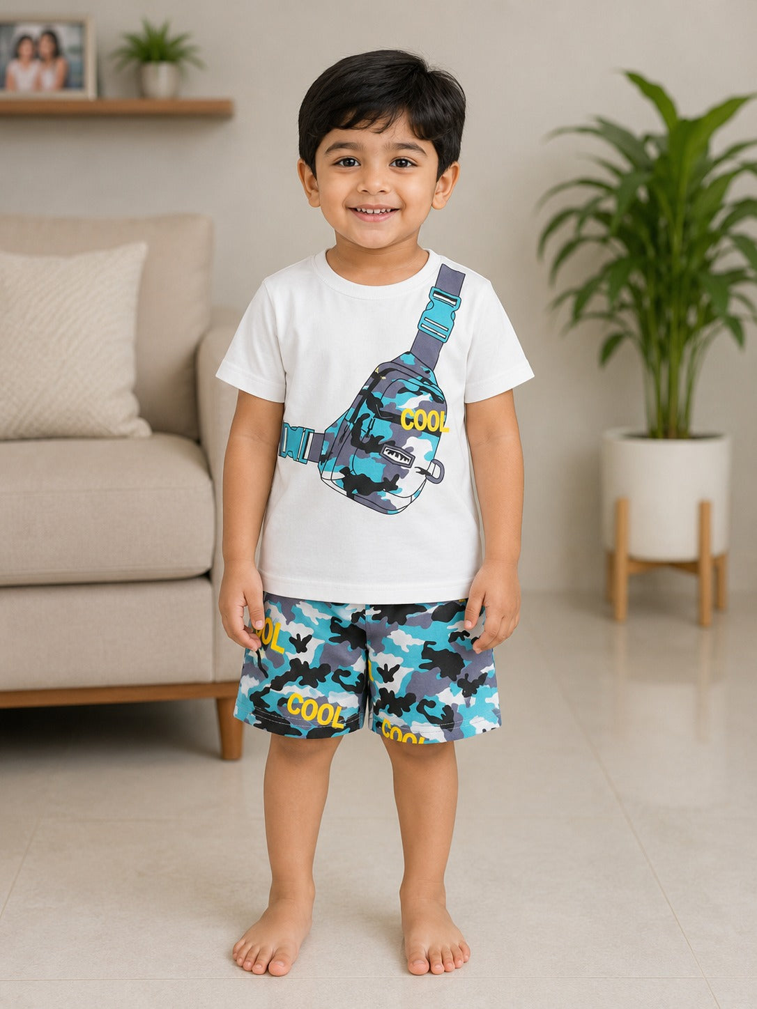 Boys Cool Bag Graphic Tee & Blue Camouflage Shorts Set
