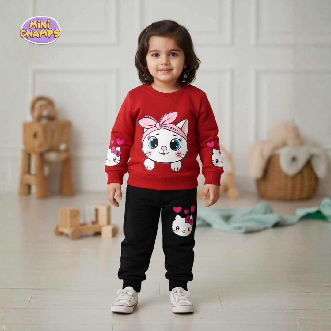 Kitty Printed Sweatshirt and Trouser - Red