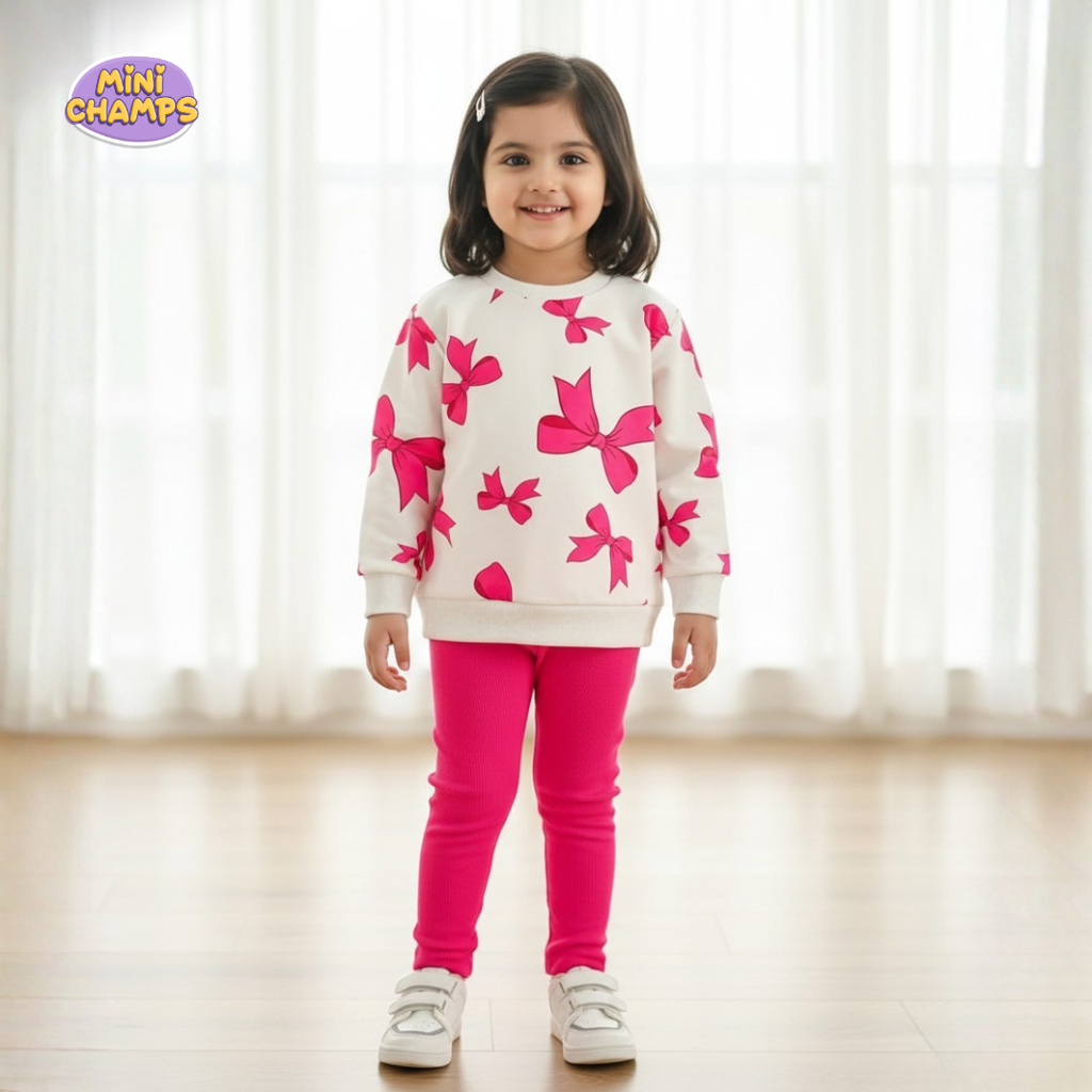 Pink Bow Printed Sweatshirt and Trouser - White & Pink