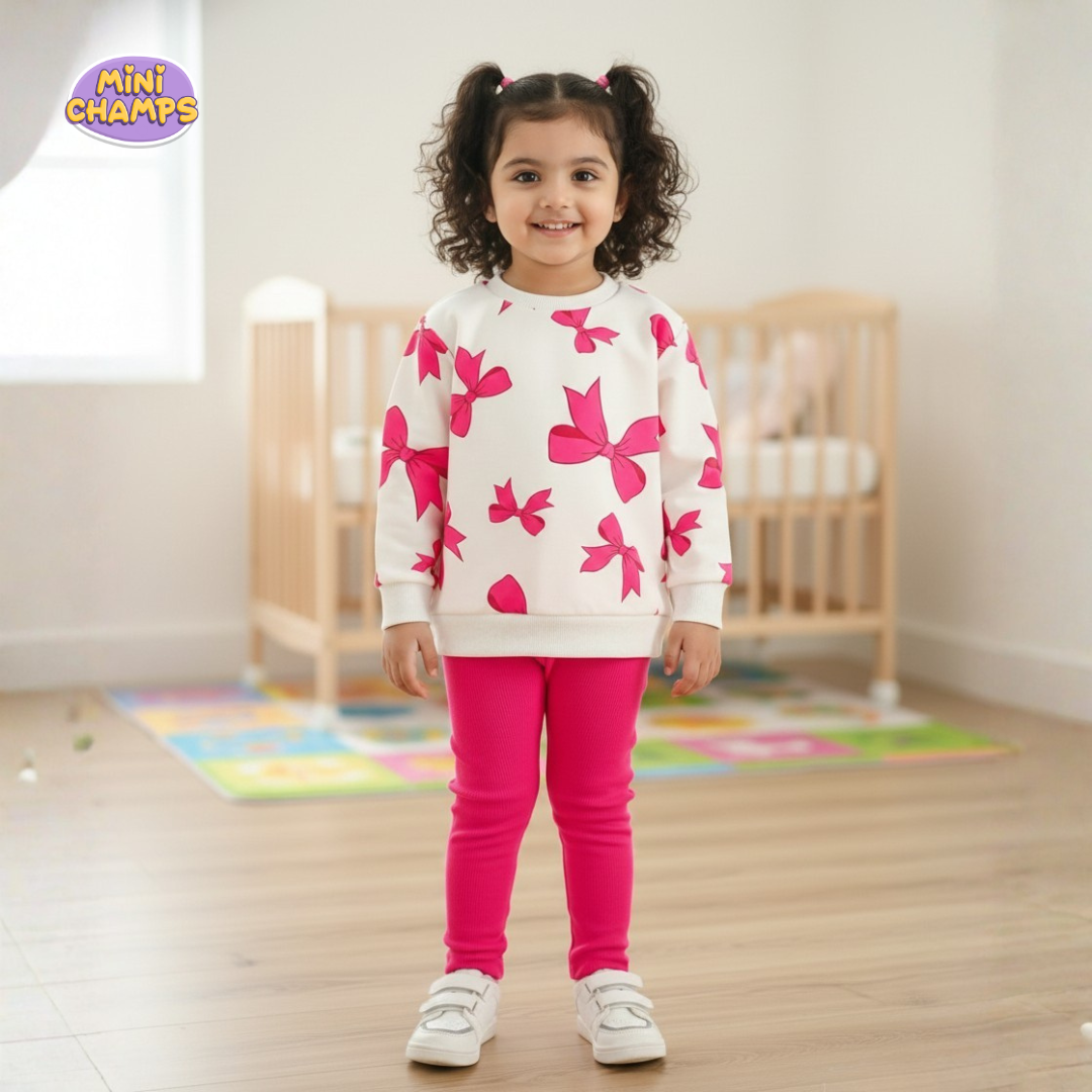 Pink Bow Printed Sweatshirt and Trouser - White & Pink