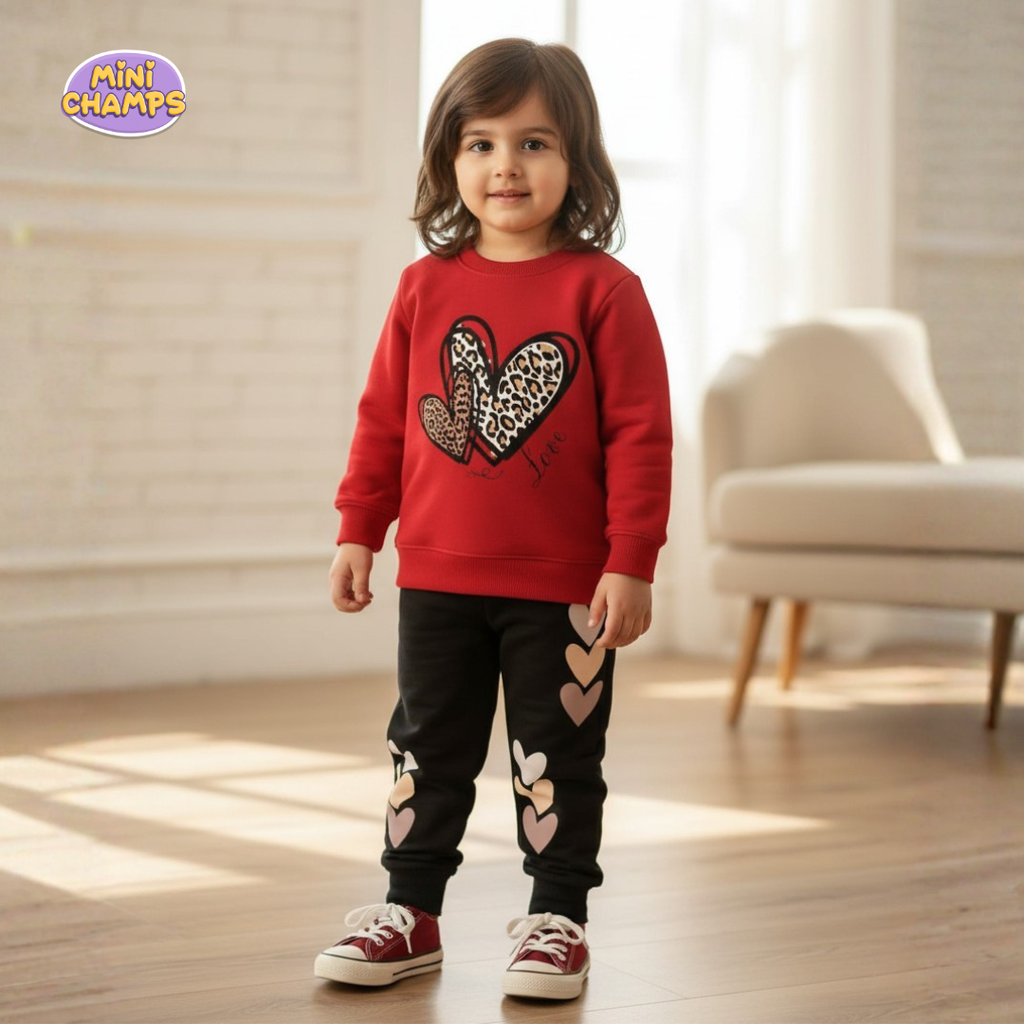 Heart Printed Sweatshirt and Trouser - Red