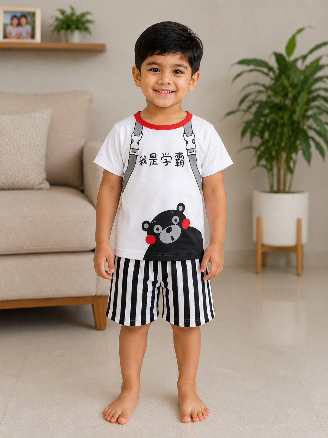 Boys Cartoon Bear Backpack Graphic Tee & Striped Shorts Set