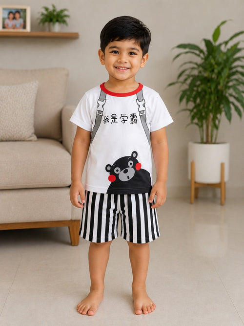 Boys Cartoon Bear Backpack Graphic Tee & Striped Shorts Set