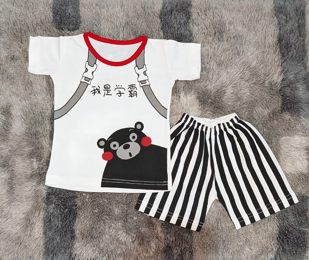 Boys Cartoon Bear Backpack Graphic Tee & Striped Shorts Set