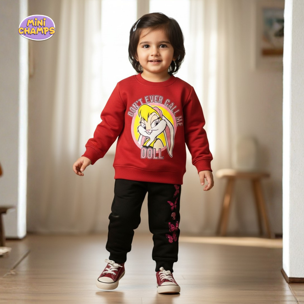 Rabbit Cartoon Printed Sweatshirt and Trouser - Red