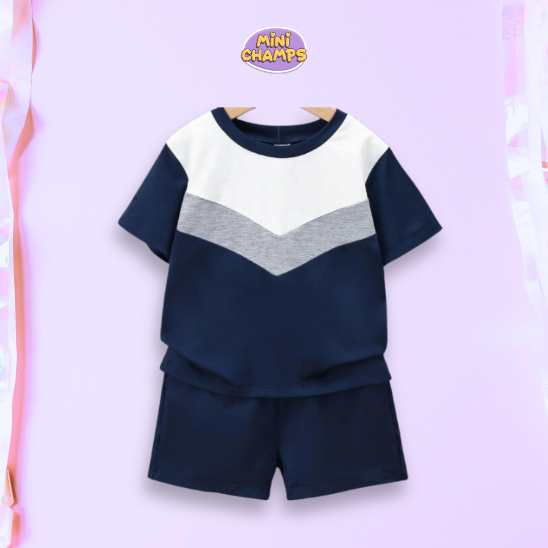 Blue Grey Panel Kids Short Sleeve Kids Wear