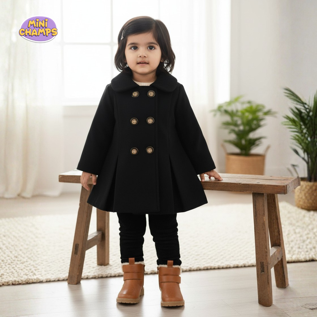 Western Style Button Kids Fleece Coat - Black