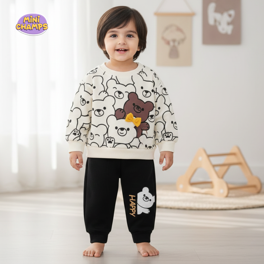 Happy Bear Printed Sweatshirt and Trouser - White