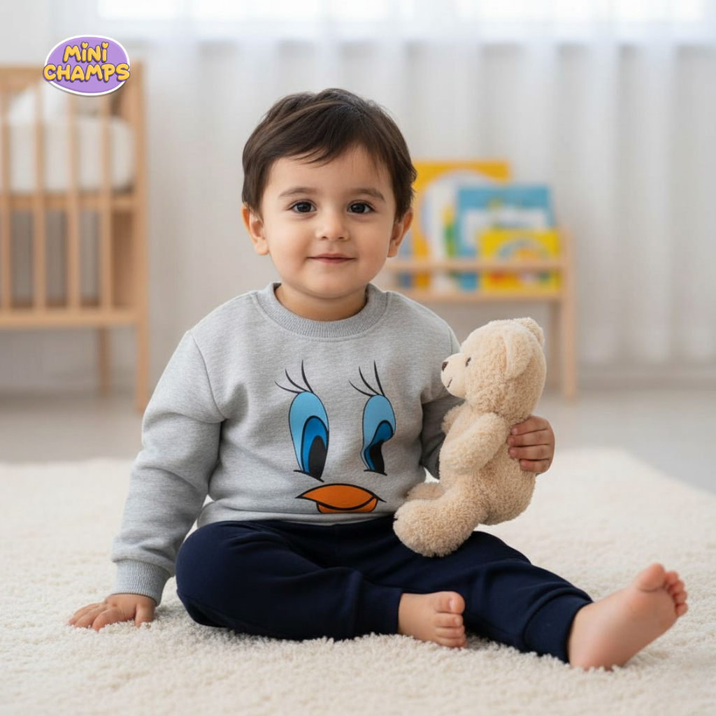 Tweety Face Printed Sweatshirt Set - Grey