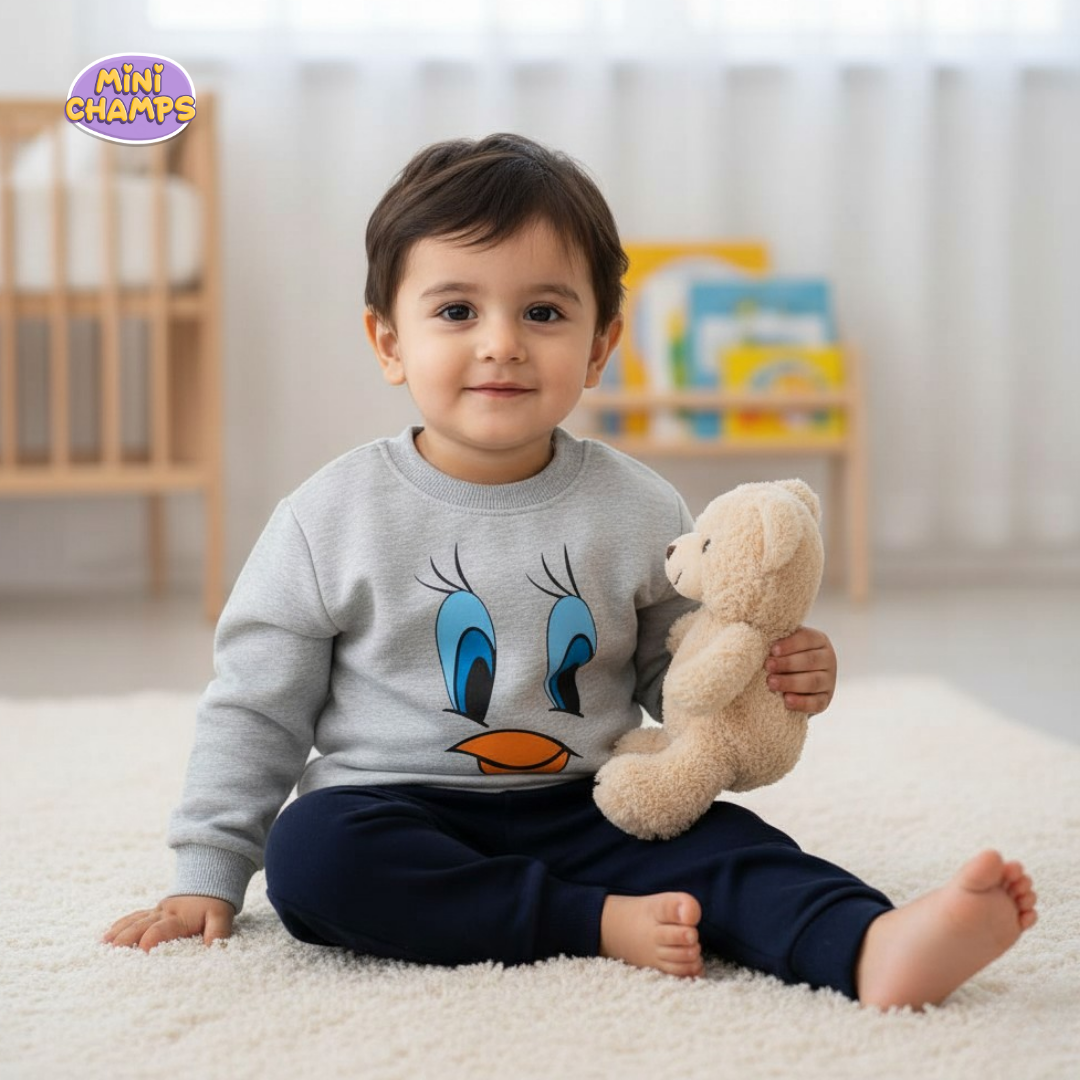 Tweety Face Printed Sweatshirt Set - Grey