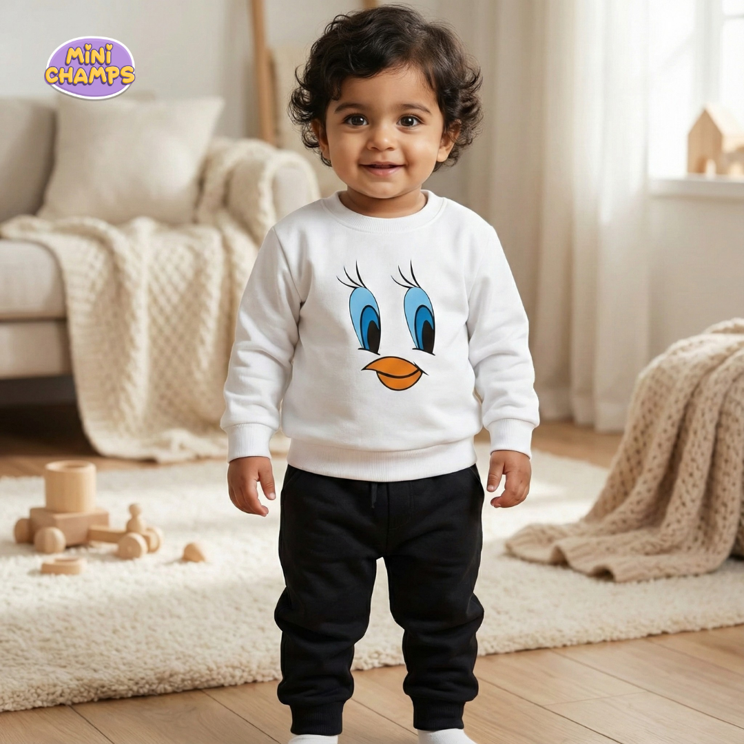Tweety Face Printed Sweatshirt Set - White