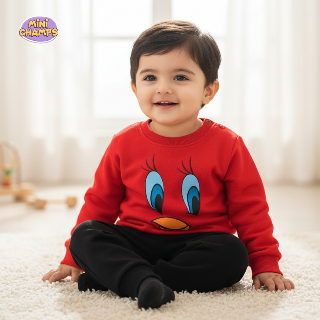 Tweety Face Printed Sweatshirt Set - Red