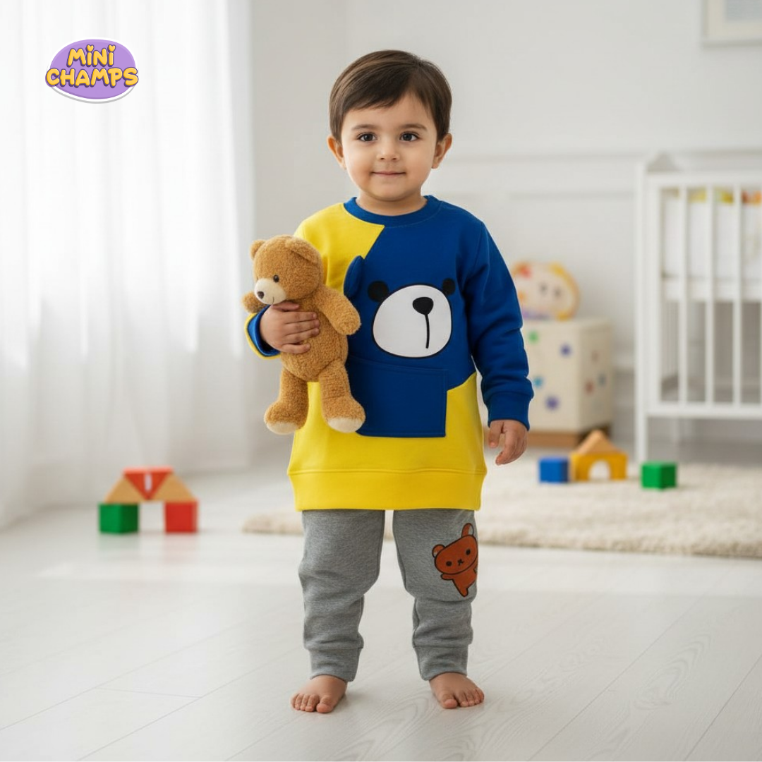 Bear Printed Sweatshirt Set - Blue & Yellow