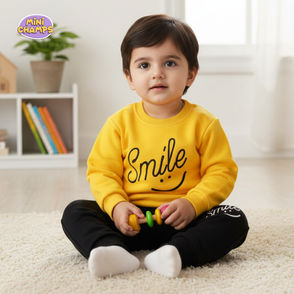 Smile Printed Sweatshirt & Trouser Set - Yellow