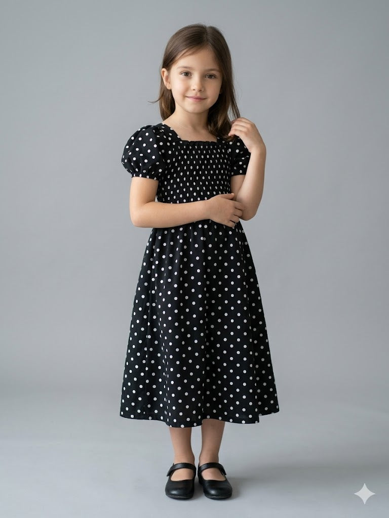 Kids Smocked Polka Dot Puff-Sleeve Dress for Girls