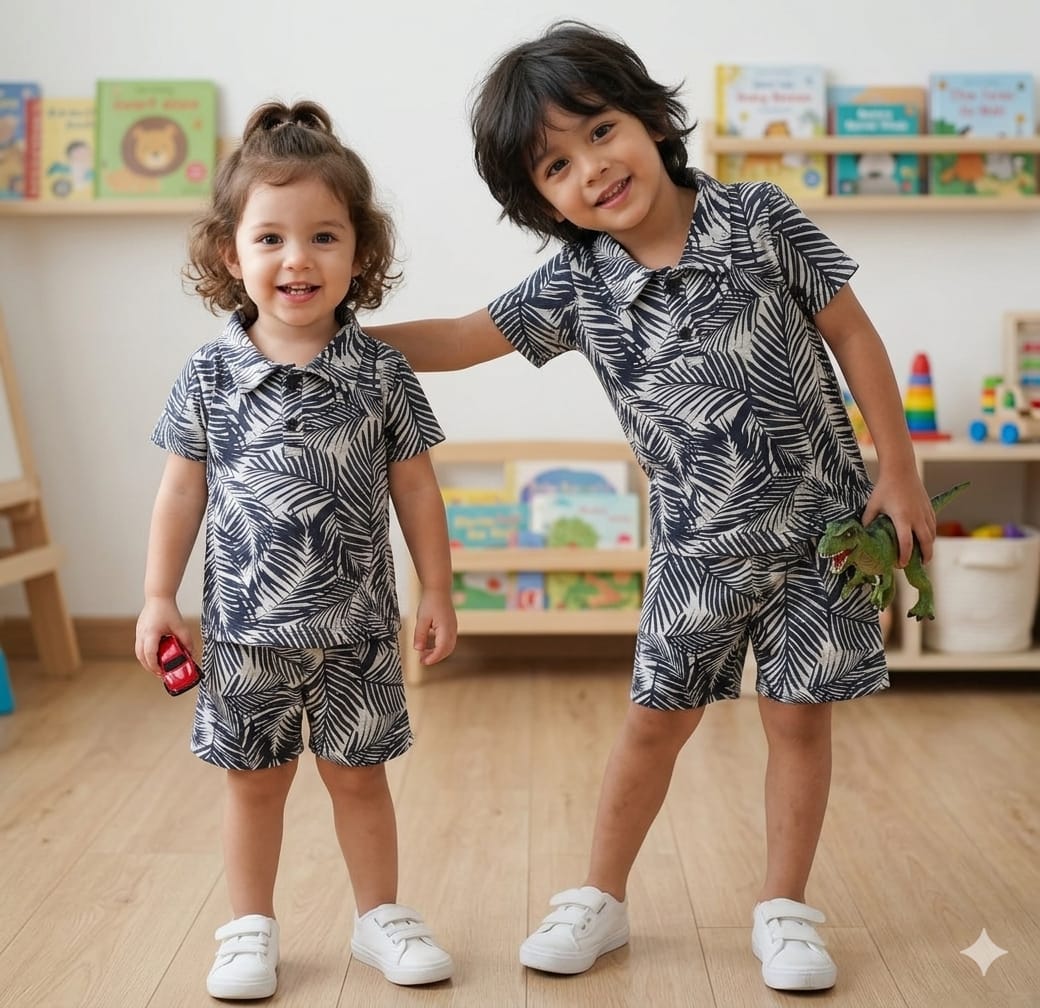 Kids Tropical Palm Print Polo & Shorts Matching Set