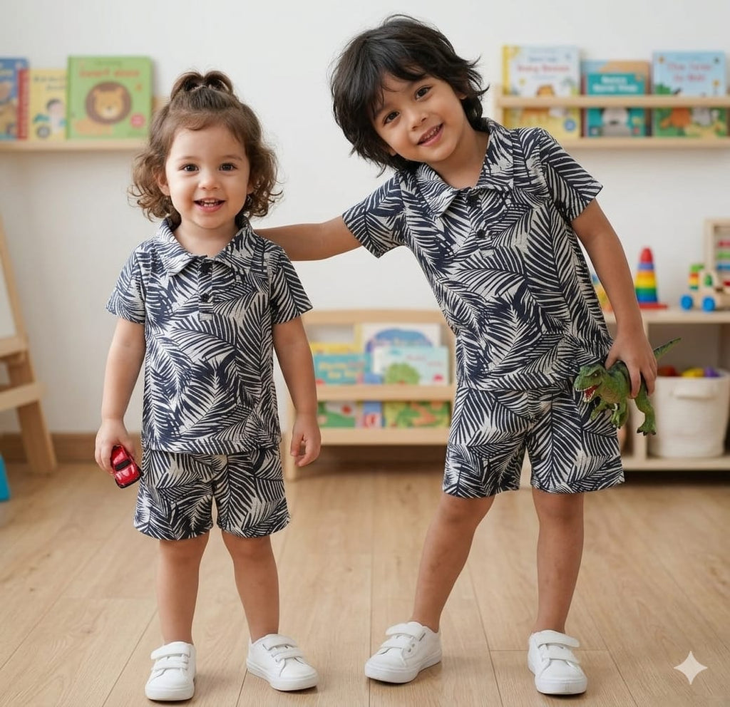 Kids Tropical Palm Print Polo & Shorts Matching Set