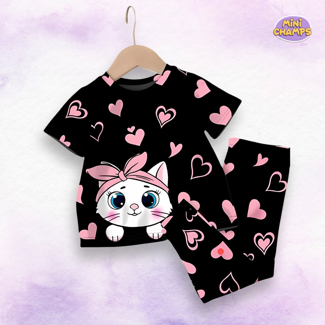 Black Kitty With Pink Hearts Casual kids Wear