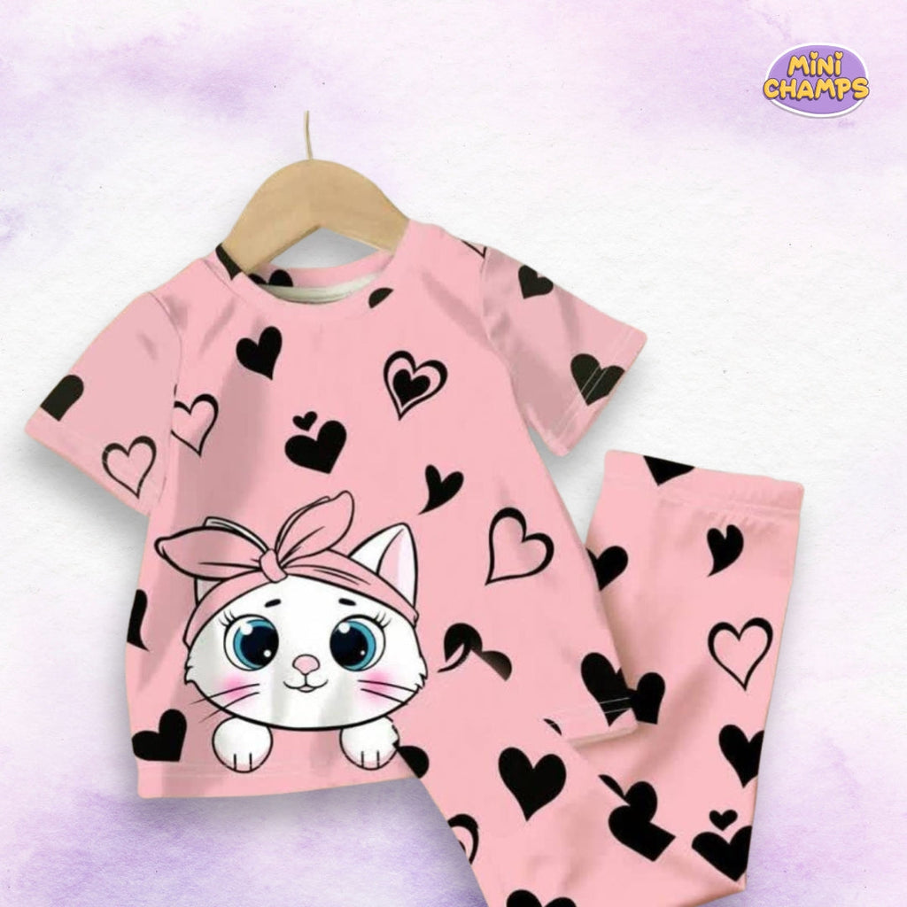 Pink Kitty With Black Hearts Casual kids Wear