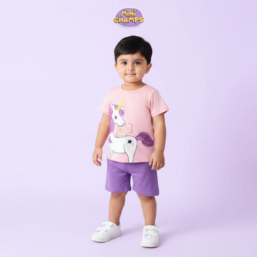 Pink Purple Unicorn Print Short-sleeve Tee & Shorts Set