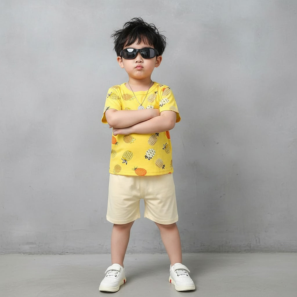 Yellow Pineapple Print Shorts Set