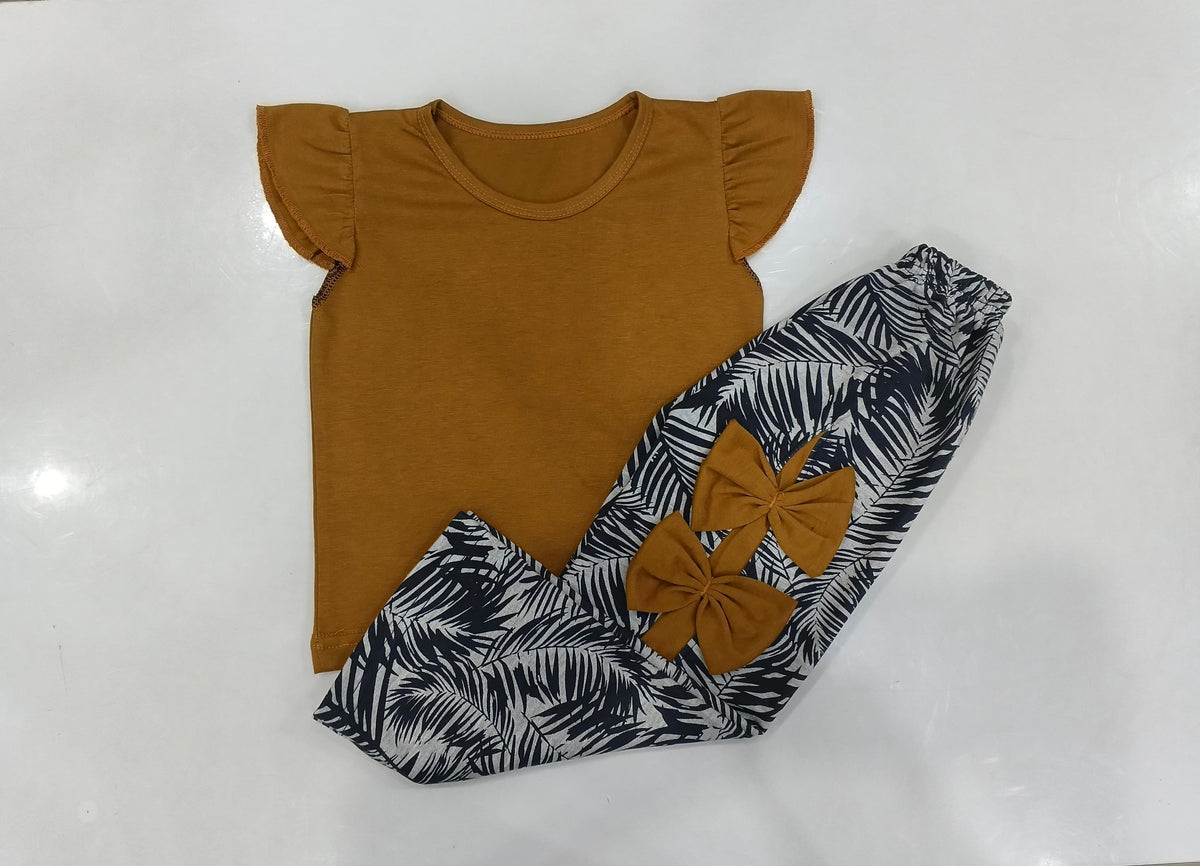 Kids Brown Flutter-Sleeve Top & Tropical Bow-Accent Wide-Leg Set for Girls