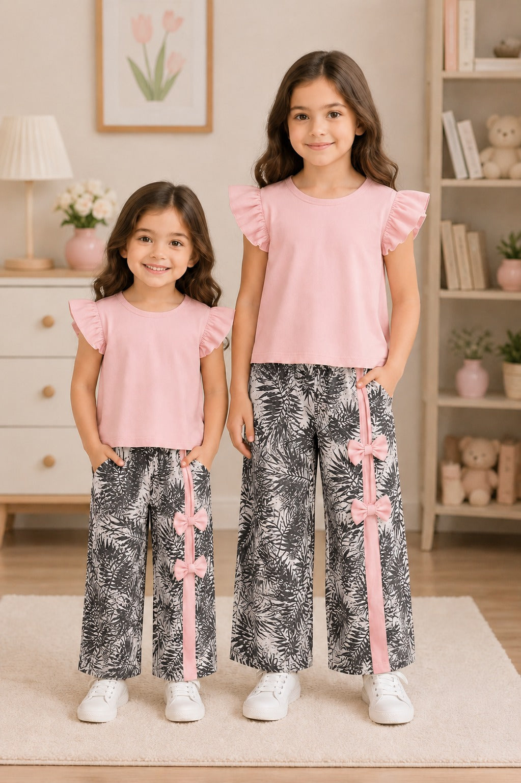 Kids Pink Flutter-Sleeve Top & Tropical Bow-Accent Wide-Leg Set for Girls