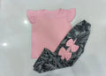 Kids Pink Flutter-Sleeve Top & Tropical Bow-Accent Wide-Leg Set for Girls