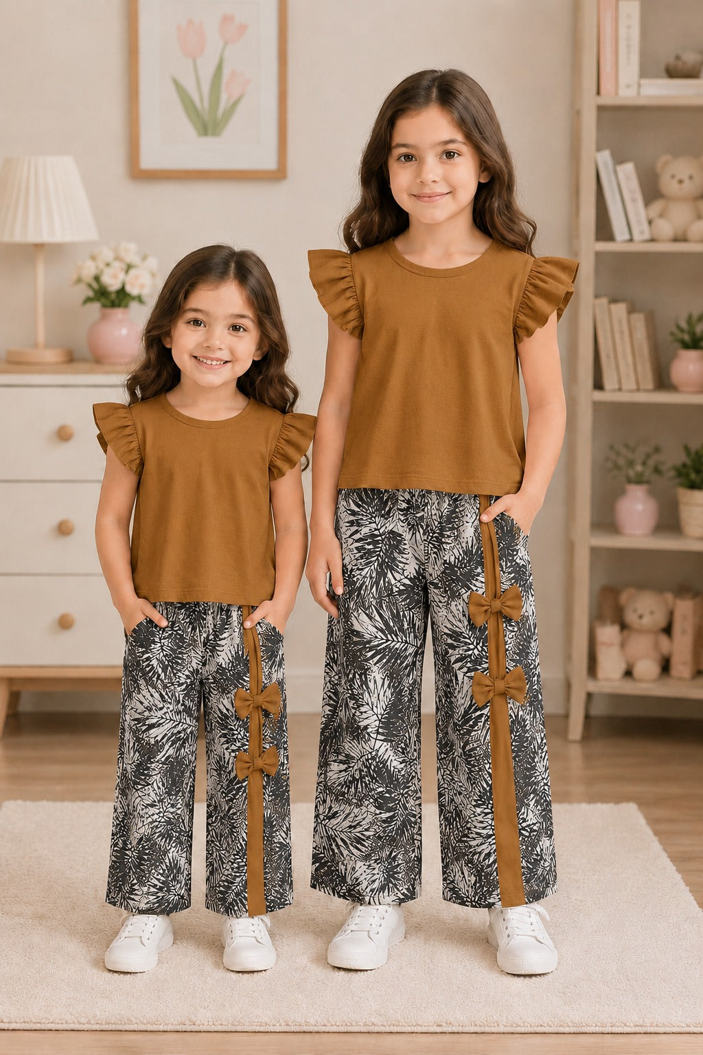 Kids Brown Flutter-Sleeve Top & Tropical Bow-Accent Wide-Leg Set for Girls