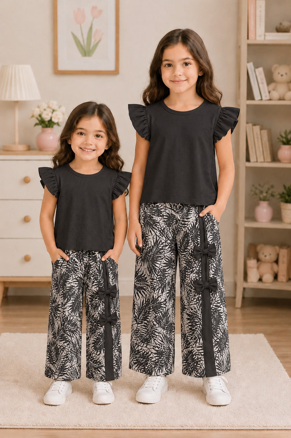 Kids Black Flutter-Sleeve Top & Tropical Bow-Accent Wide-Leg Set for Girls
