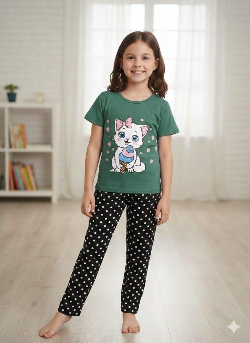 Cute Kitty Dreams Kids Pajama Set- Green